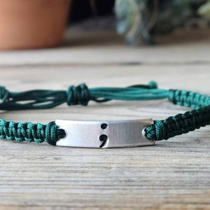 Semicolon | ; | Hand Stamped Bracelet | Adjustable Aluminum Bar Bracelet | Nylon Cord Bracelet | Choose Your Color Band