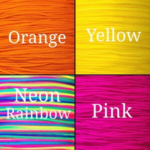 May include: Four spools of colorful paracord in orange, yellow, neon rainbow, and pink. The spools are labeled with the colors.