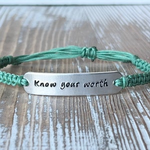 Know Your Worth | Hand Stamped | Adjustable Aluminum Bar Bracelet | Nylon Cord Bracelet | Choose Your Color Band