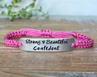 Strong Beautiful Confident | Hand Stamped Bracelet | Adjustable Aluminum Bar Bracelet | Nylon Cord Bracelet | Choose Your Color Band