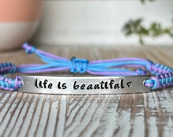 Life Is Beautiful | Hand Stamped | Adjustable Bracelet | Nylon Cord Bracelet | Lightweight Bracelet