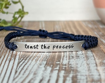 Trust The Process | Hand Stamped Bracelet | Adjustable Aluminum Bar Bracelet | Nylon Cord Bracelet | Choose Your Color Band