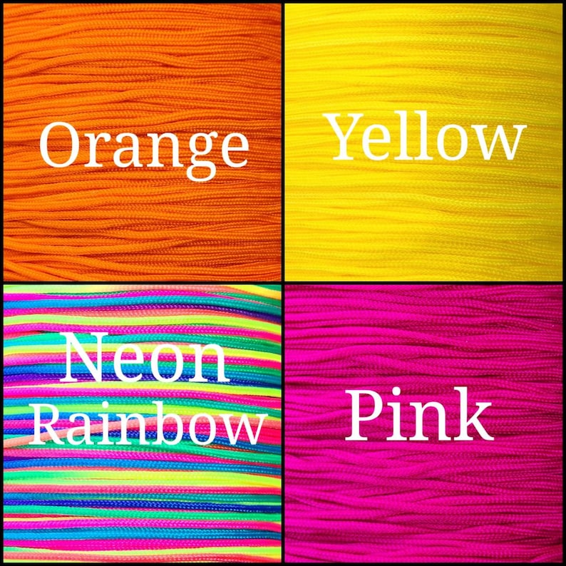 May include: Close-up of four spools of colorful cord. The spools are labeled "Orange", "Yellow", "Neon Rainbow", and "Pink".