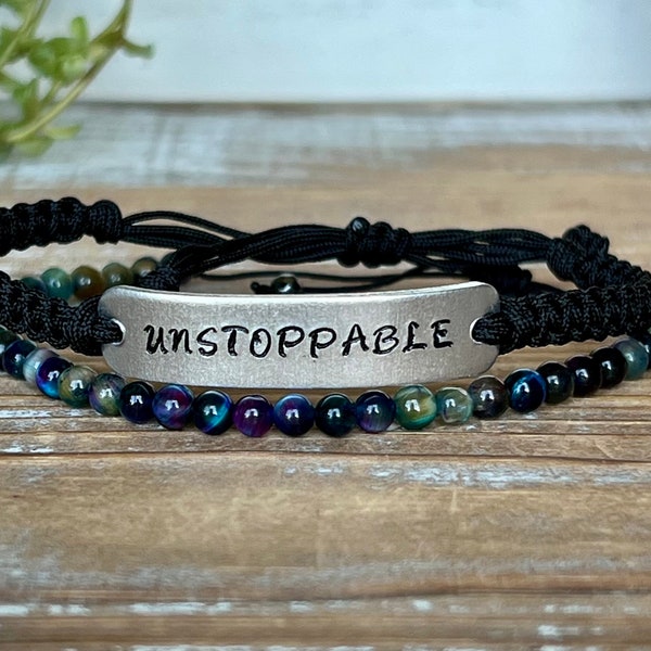 UNSTOPPABLE | Hand Stamped Bracelet Set | Adjustable Bracelet Set | Aurora Tiger Eye Bracelet Set | Unique Bracelet Set