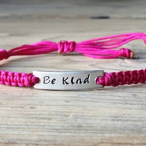 Be Kind | Hand Stamped Bracelet | Adjustable Aluminum Bar/Oval Bracelet | Nylon Cord Bracelet | Choose Color Band
