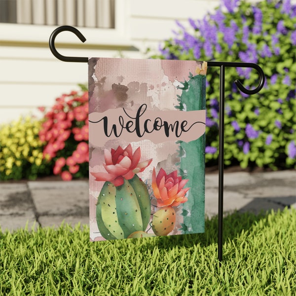 Vibrant Cactus Bloom Welcome Garden Flag - Colorful Watercolor Outdoor Decor