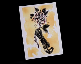 Art print of Guts prosthesis with a rose 30x21, watercolor and ink painting, traditional art work