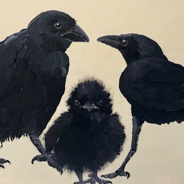 Krähen Acryl Bilder „FAMILY“ 125x25cm Ulmer Holzmalgrund