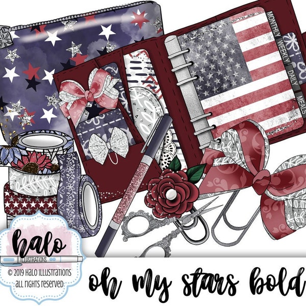 4th of July Independence Day Planner Stickers Clipart Fashion Illustration Hand Drawn Flag Patriotic Planner Art Washi Bow Clip Crystal Pen