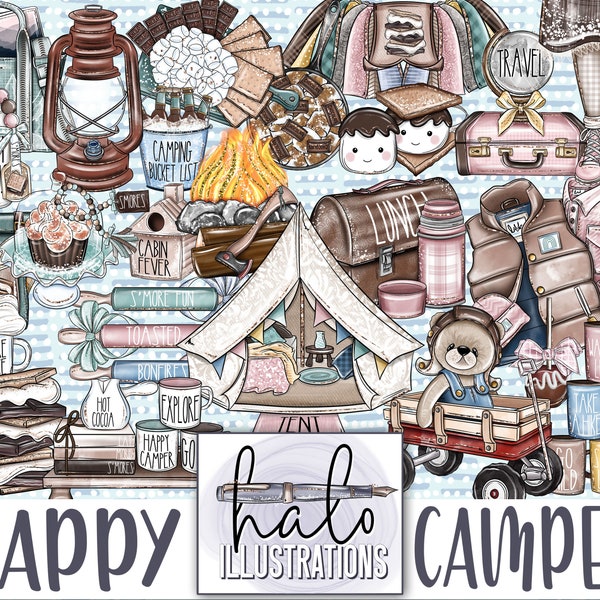 Happy Camper Clipart Fall Watercolor Planner Sticker Design Fashion Illustration Birthday Party Invitation Art Digital Planning Hand Drawn