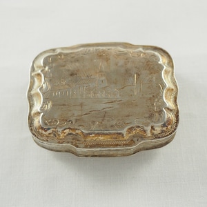 Antique 19th Century Dutch Silver Snuff Box, 833 Standard Silver, Engraved Scene with Church, Hallmark  and Date Letter , Holland  1861
