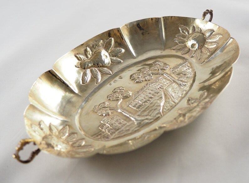 Pseudo Hallmarks Two Handles Brothers Neumann Repousse Decoration Vintage Solid Silver Decorative Dish Hanau Germany 1930s