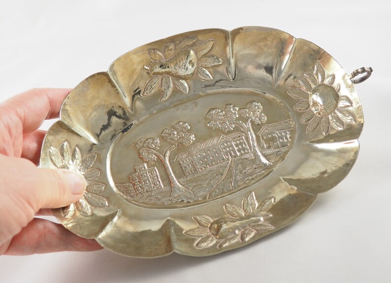 Pseudo Hallmarks Two Handles Brothers Neumann Repousse Decoration Vintage Solid Silver Decorative Dish Hanau Germany 1930s