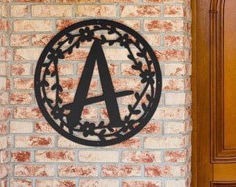 Metal Monogram Door Wreath: Custom Letter Sign with Leaves