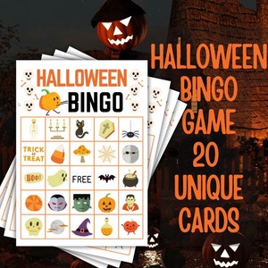 Gioco del Bingo di Halloween, 20 diverse carte stampabili, Gioco del Bingo di Halloween a scuola, Attività di Halloween per bambini, Gioco della festa di Halloween