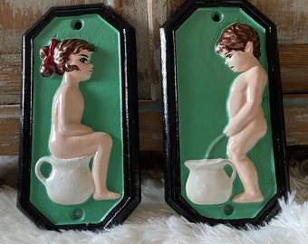 Pair of Vintage Cast Iron Toilet Signs Boy And Girl - Home decor & Outdoor