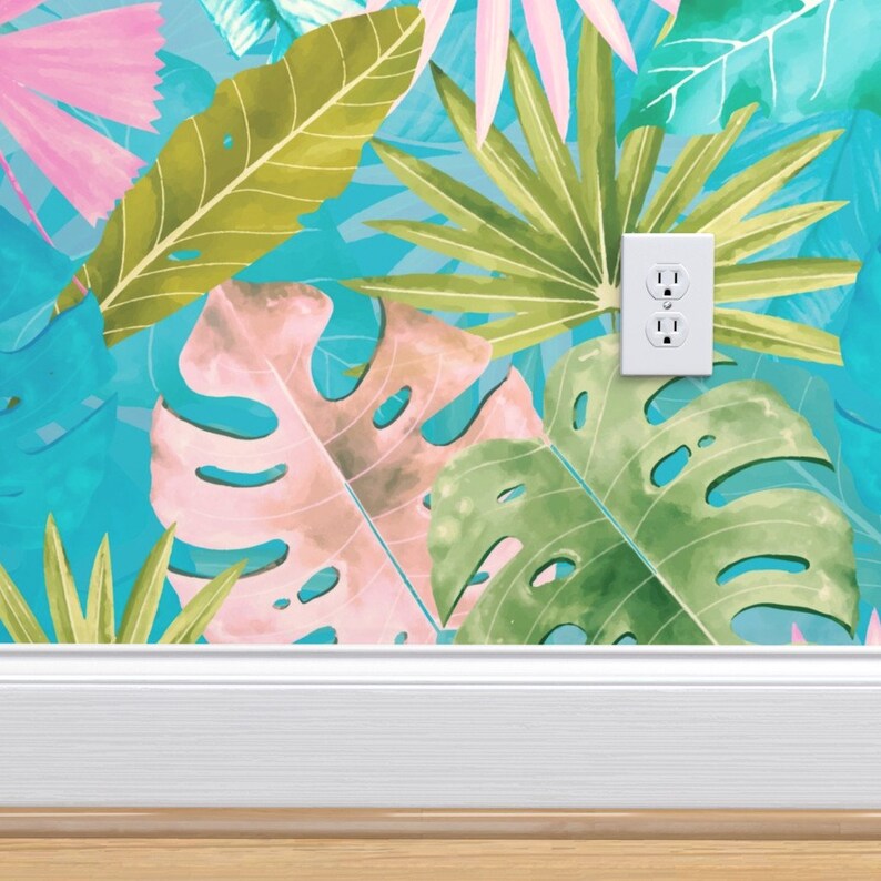 Tropical Wallpaperbohemian Pink Teal Jungle Garden by Utart Etsy