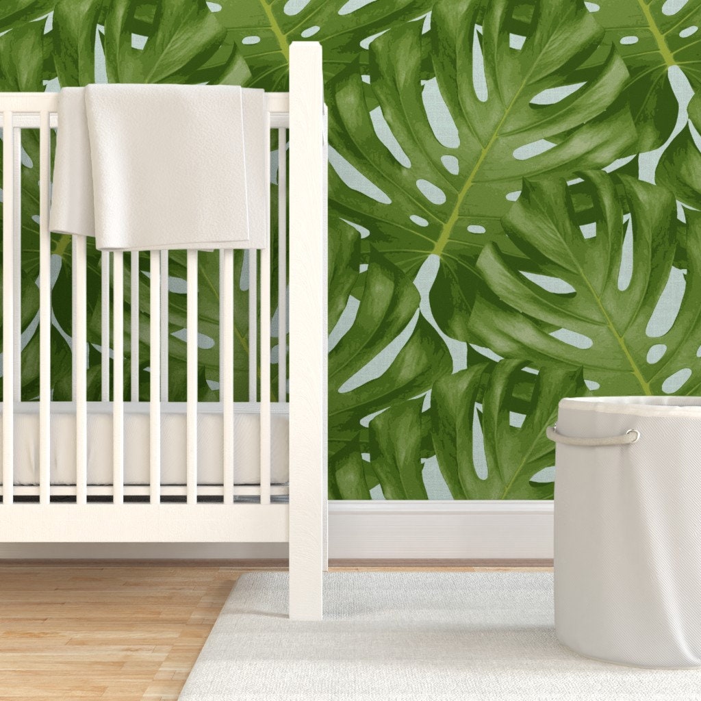 Leaf Wallpaper Monstera Leaf By Littlerhodydesign Green | Etsy