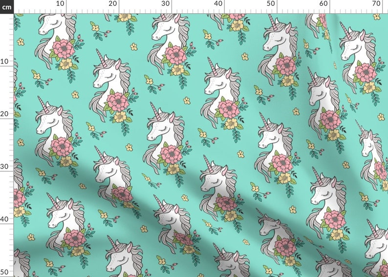 Unicorn Fabric Dreamy Unicorn Vintage Boho Flowers On Mint Etsy