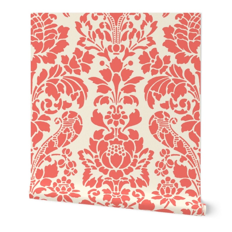 Coral Pink Damask Wallpaper Coral Damask by Etsy