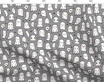 Kawaii Ghosts Fabric - Ghosts And Stars Halloween On Grey By Caja Design - Cute Goth Spooky Ghost Cotton Fabric By The Metre by Spoonflower