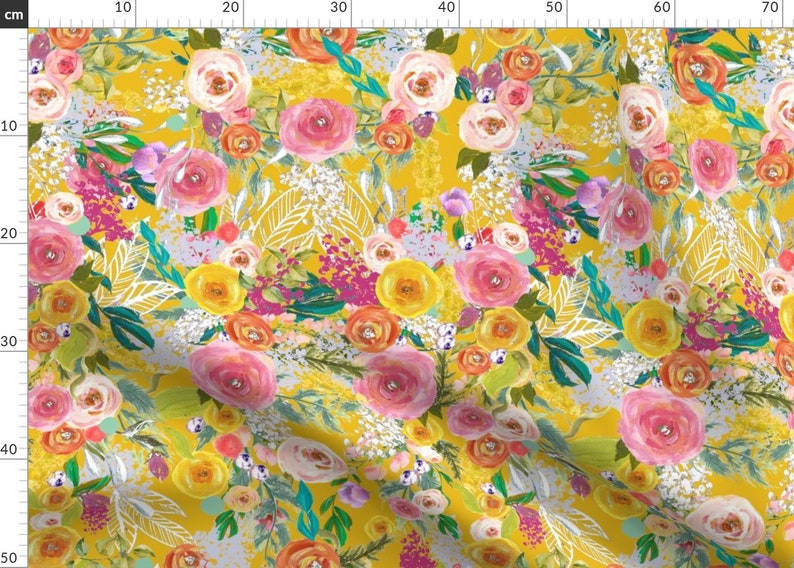 Mustard Yellow Floral Fabric Autumn Blooms Painted by Etsy