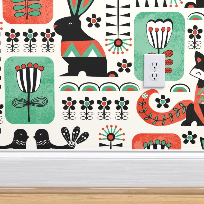Folk Art Wallpaper Scandinavian by Artypeaches Woodland | Etsy