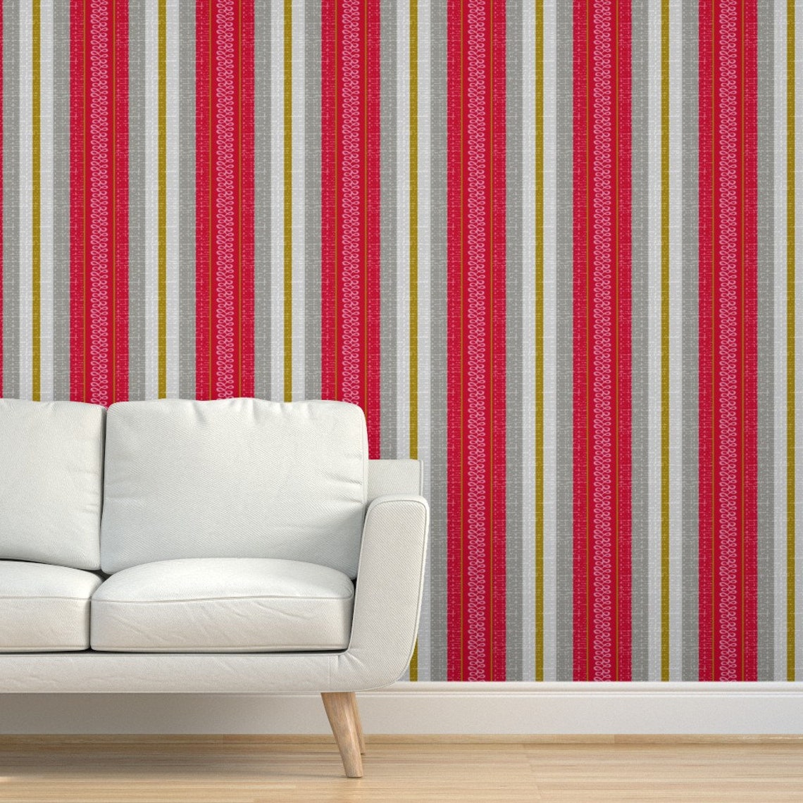 Mid Century Wallpaper Red Gray Mustard Stripe by ottomanbrim Etsy