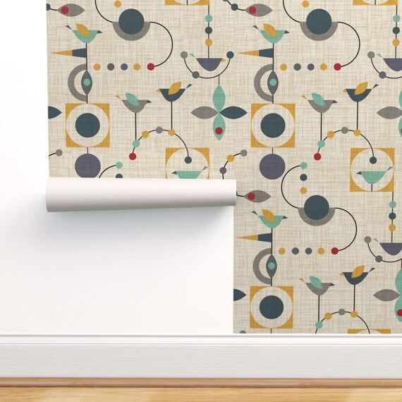 Removable Water-Activated Wallpaper Retro Circles Mid Century Modern Geometric 