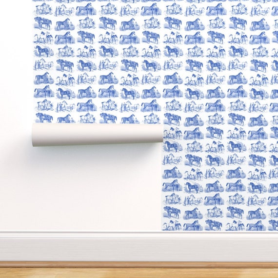 Equestrian Toile Wallpaper Blue Horses by Ragan Blue Delft Etsy