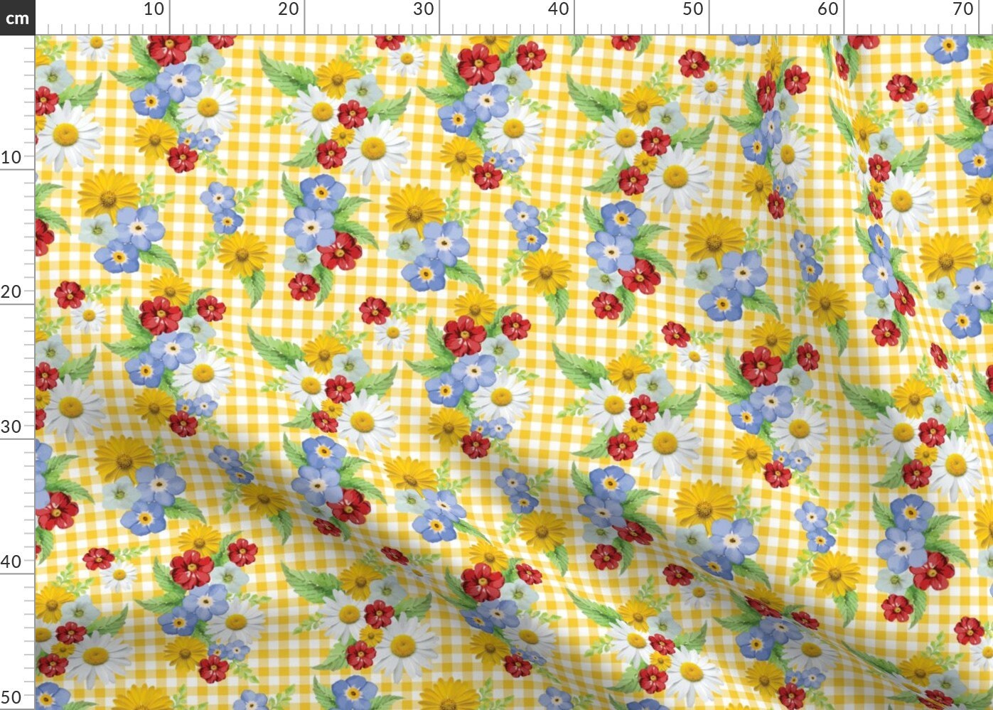 Gingham Flowers Fabric Yellow Gingham Floral By Etsy