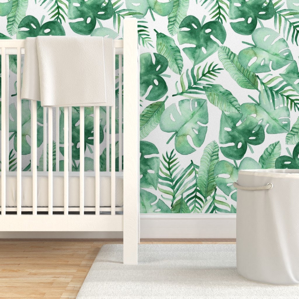 Green Wallpaper Tropical Jungle on White by Tangerine-tane | Etsy