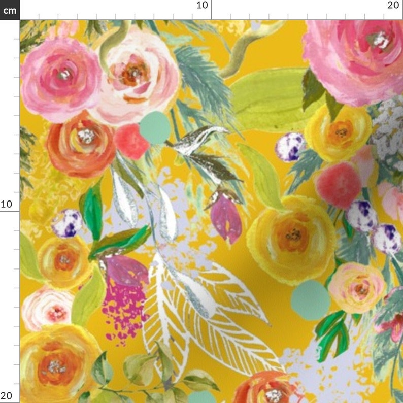 Mustard Yellow Floral Fabric Autumn Blooms Painted by Etsy