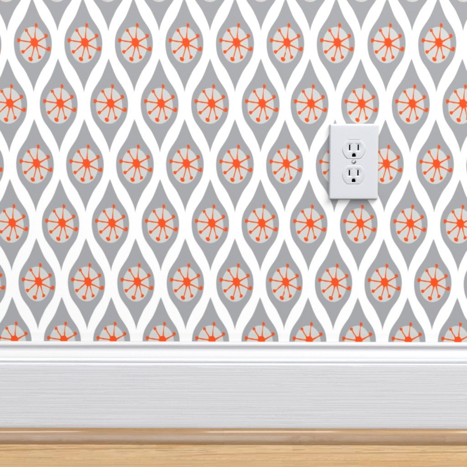 Floral Wallpaper Modern Gray and Orange by Emilyannstudio Etsy