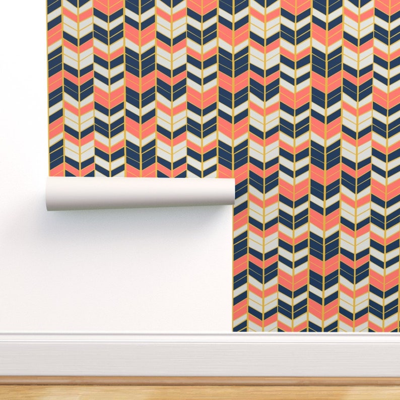 Herringbone Wallpaper Coral & Navy Herringbone by Artscarves Etsy