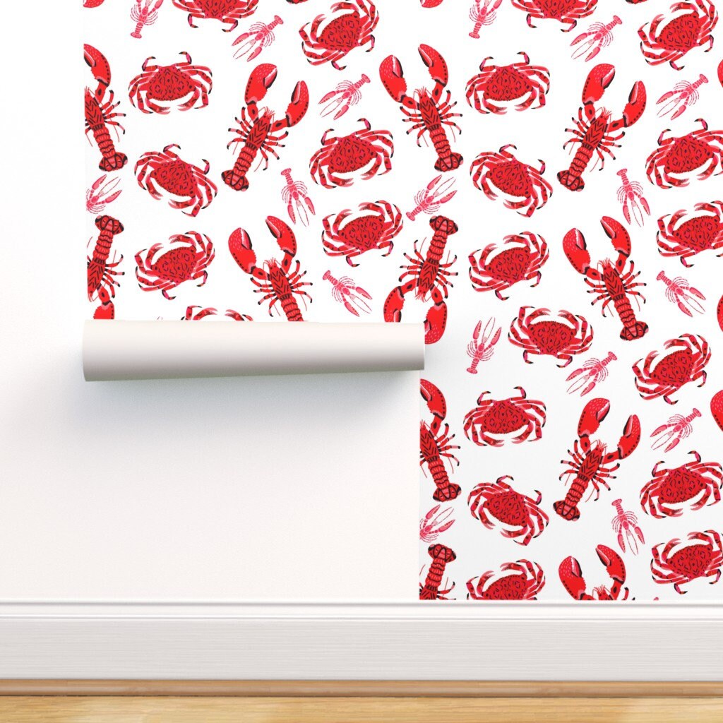 Crab And Lobster Wallpaper Crab Lobsters White Red By Andrea Etsy