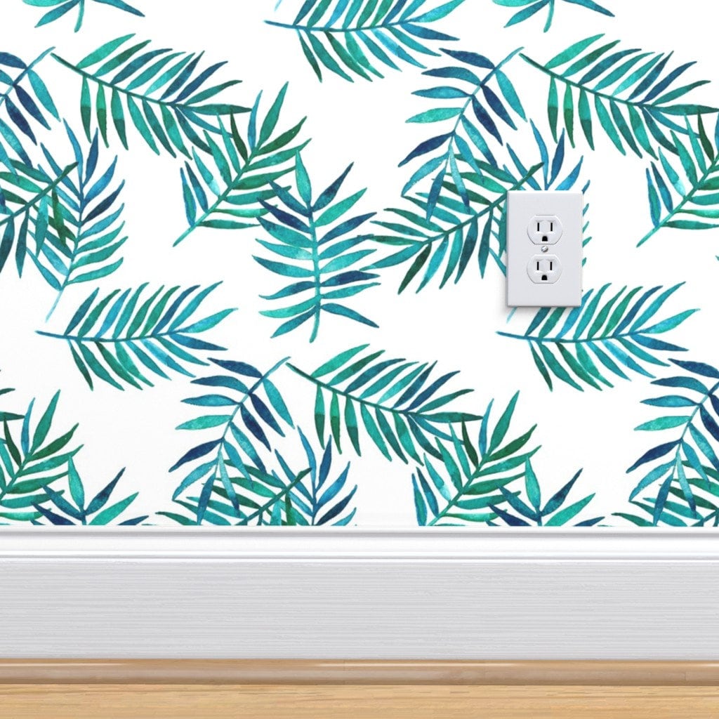 Palm Wallpaper Paradise Palm Leaf Green Navy Teal White By Etsy