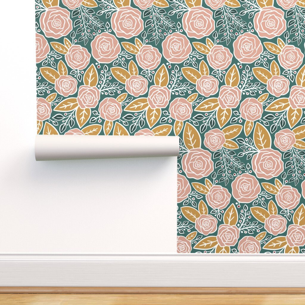 Floral Wallpaper Pink Roses Mustard Yellow By New Branch | Etsy