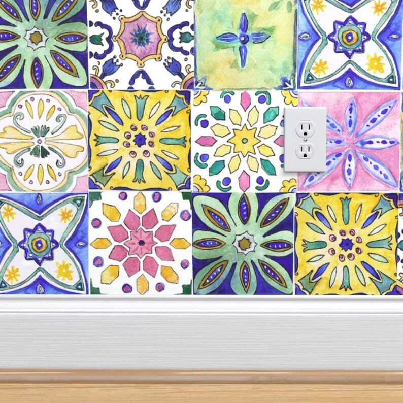 Tiles Wallpaper Andalusian Tiles by Art Studio Helene Blue | Etsy