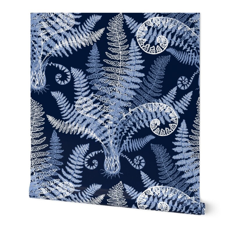 Delicate Blue Ferns Wallpaper White Ferns Navy by | Etsy