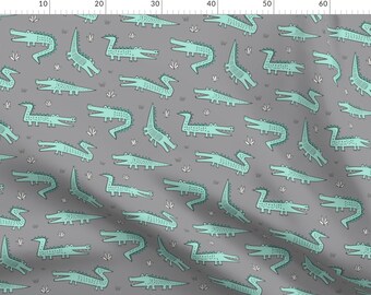 Crocodile Fabric - Alligators Crocodile Mint Green On Grey By Caja Design - Crocodile Cotton Fabric By The Metre by Spoonflower