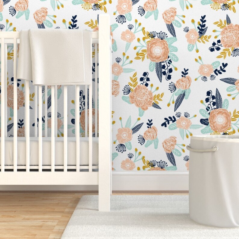 Florals Wallpaper Florals Peach Navy Blue Mint by Etsy