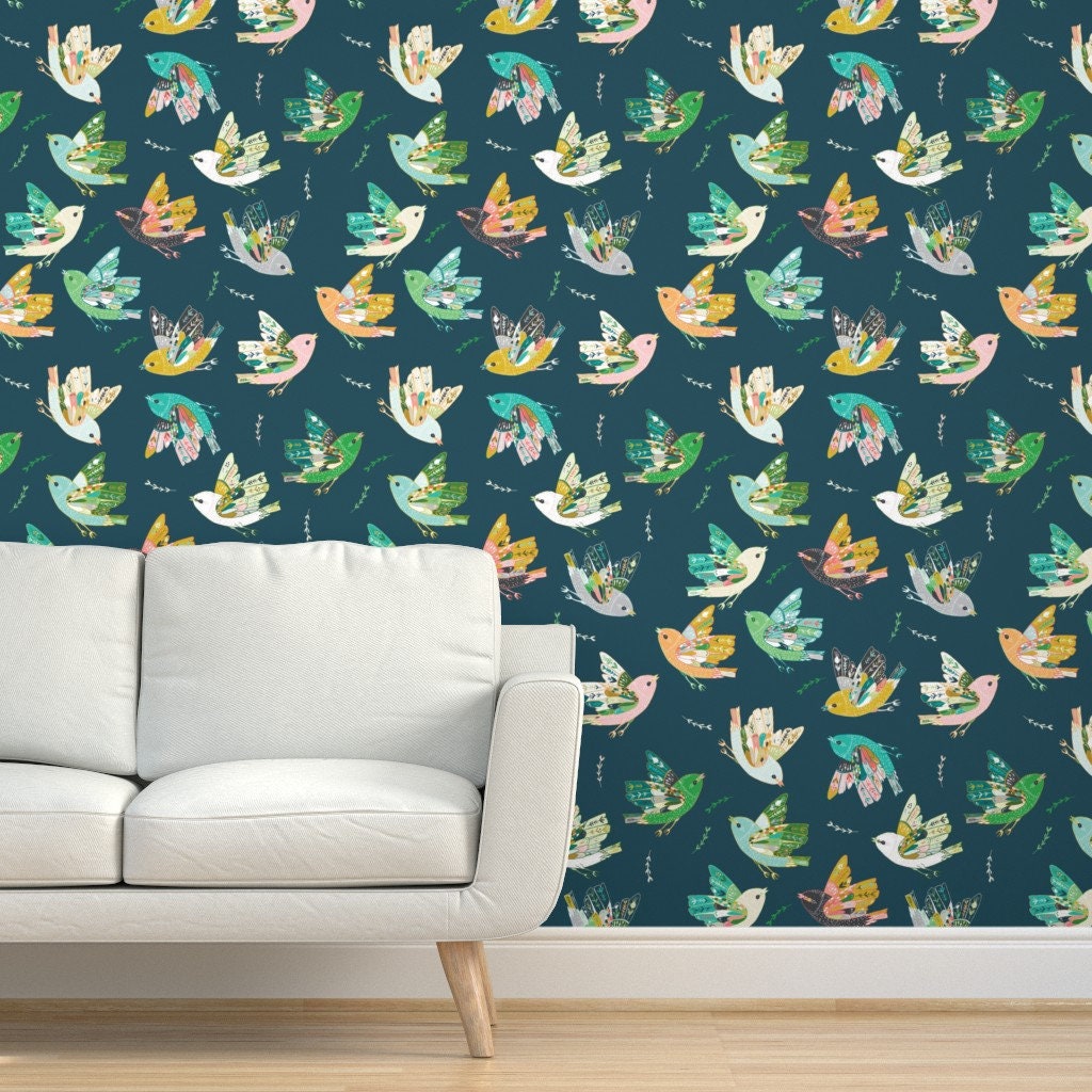 Bird Wallpaper Ambrosia Folk Birds Midnight By Nouveau | Etsy