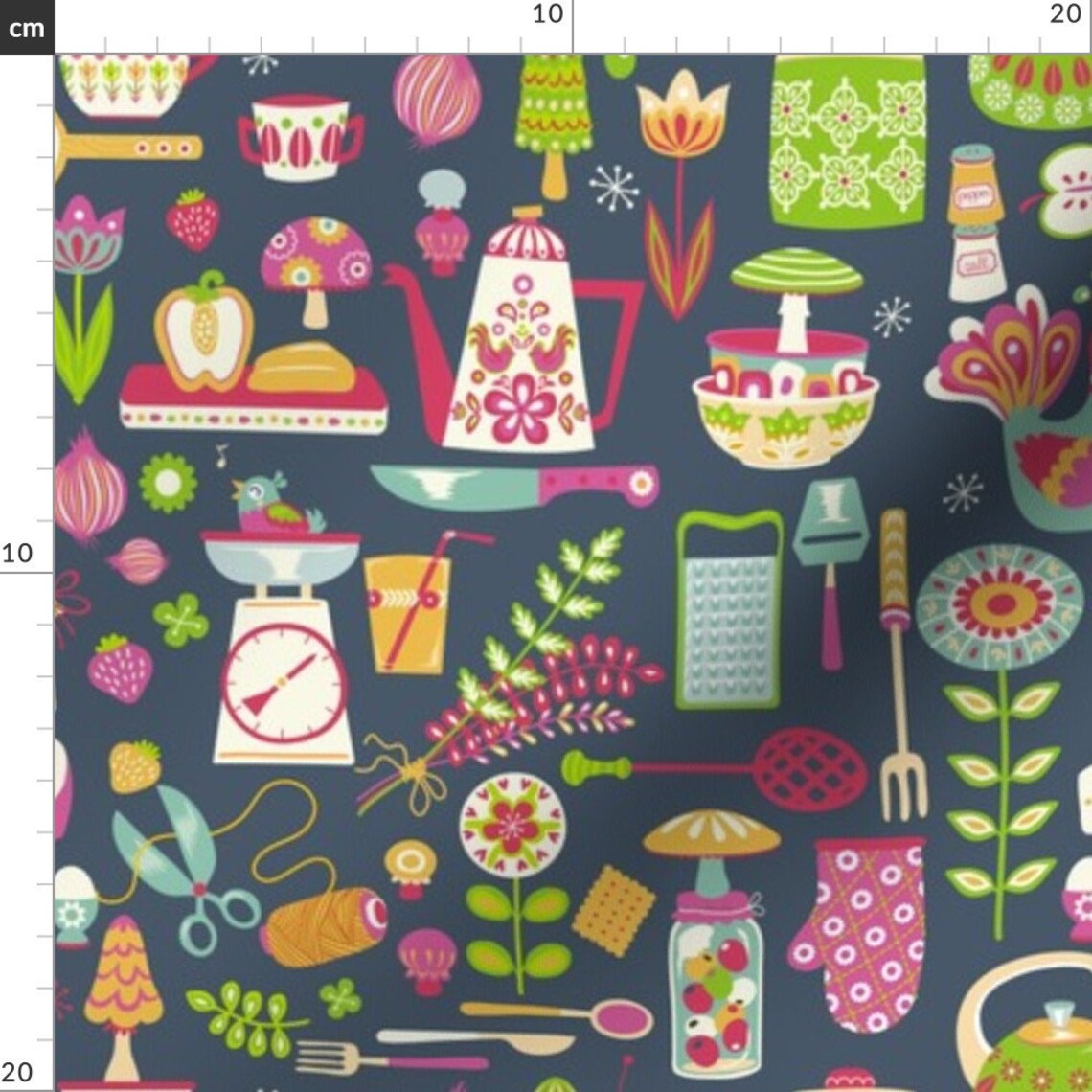 Vintage Kitchen Fabric Retro Kitchen Blue by Irrimiri Etsy