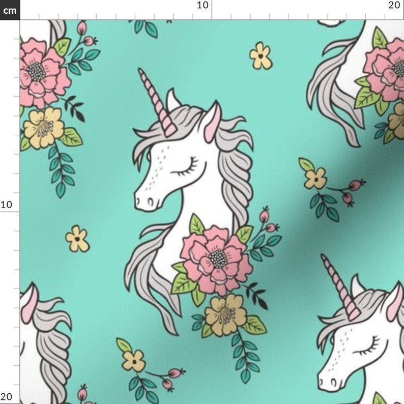 Unicorn Fabric Dreamy Unicorn Vintage Boho Flowers On Mint Etsy