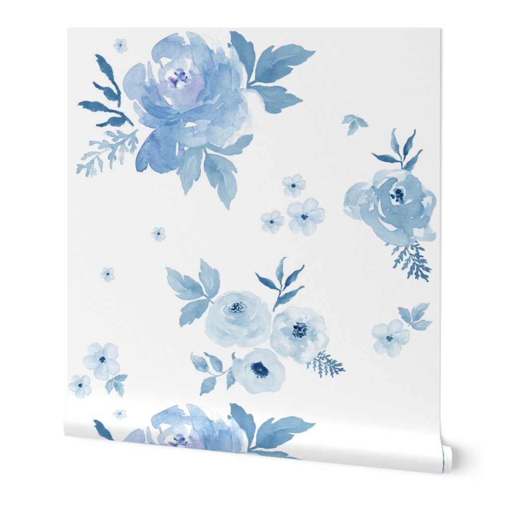 Floral Wallpaper Sweet Blush Roses Indigo Blue By | Etsy