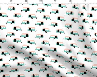 Camper Fabric - Retro Dutch Camper in Mint and Beige by LittleSmileMakers - Pastel Caravan Cotton Fabric by the Metre by Spoonflower