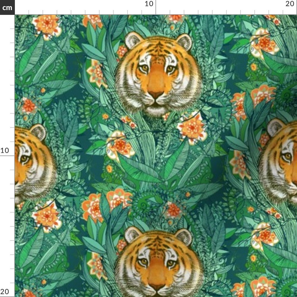 Green Tropical Print Tigers Fabric Tiger Tangle In Color Etsy