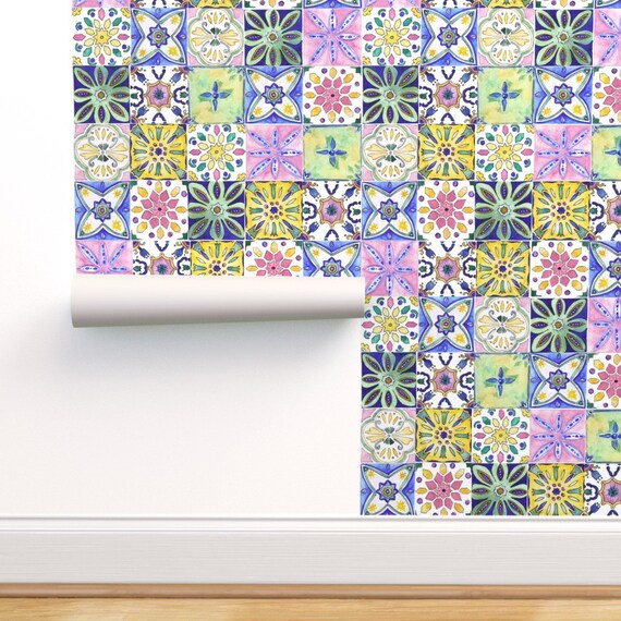 Tiles Wallpaper Andalusian Tiles by Art Studio Helene Blue | Etsy