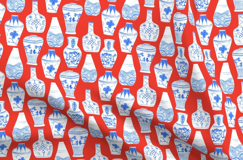 Vintage Vase Fabric Chinese Vases red Background by | Etsy